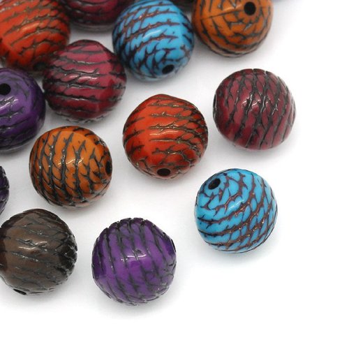 Perles acryliques : 20 rondes multicolores rayées noires 10mm