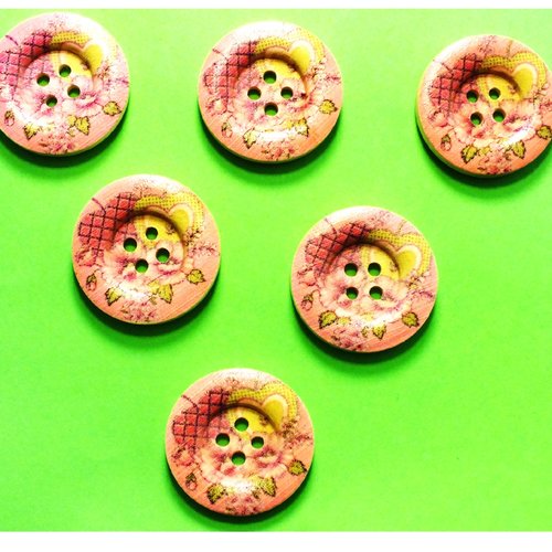 Lot 6 boutons bois : rond motif fleur 25mm (08)