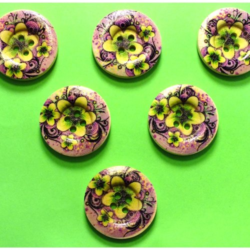Lot 6 boutons bois : rond motif fleur 25mm (10)