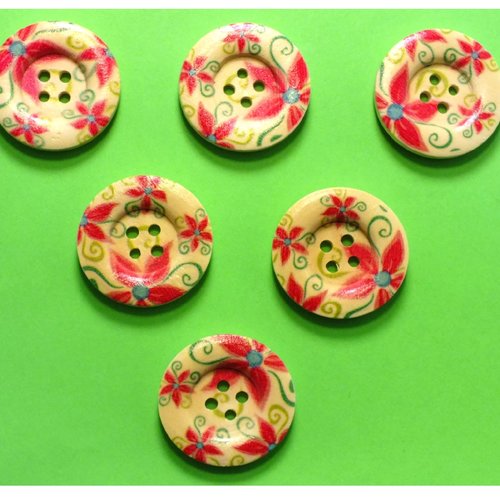Lot 6 boutons bois : rond motif fleur 25mm (07)
