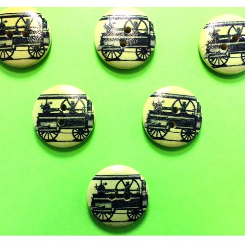 Lot 6 boutons bois : rond thème voiture ancienne 20mm (06)