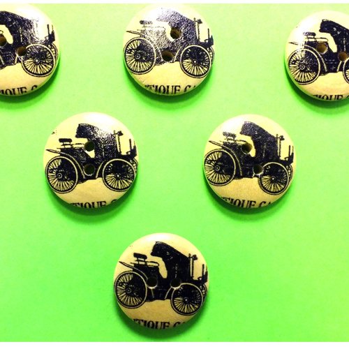 Lot 6 boutons bois : rond thème voiture ancienne 20mm (05)
