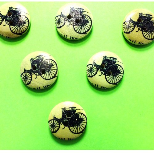 Lot 6 boutons bois : rond thème voiture ancienne 20mm (03)