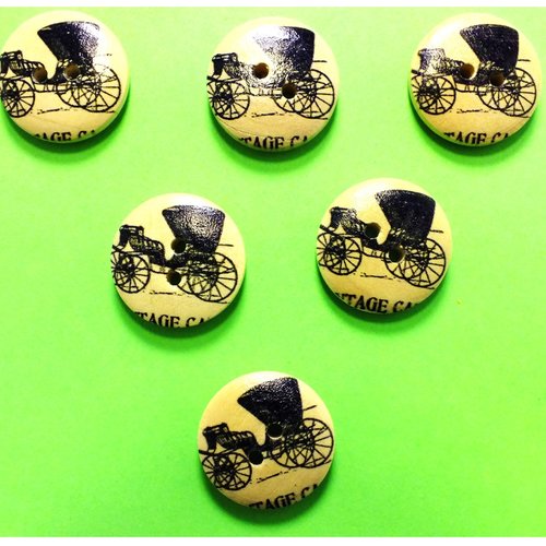 Lot 6 boutons bois : rond thème voiture ancienne 20mm (02)