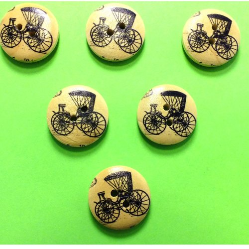 Lot 6 boutons bois : rond thème voiture ancienne 20mm (01)