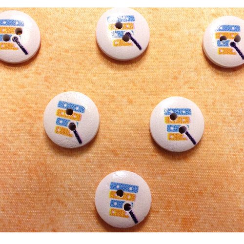 Lot 6 boutons bois : rond thème musique 15mm (01)