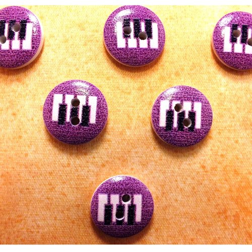 Lot 6 boutons bois : rond thème musique motif piano 15mm (08)