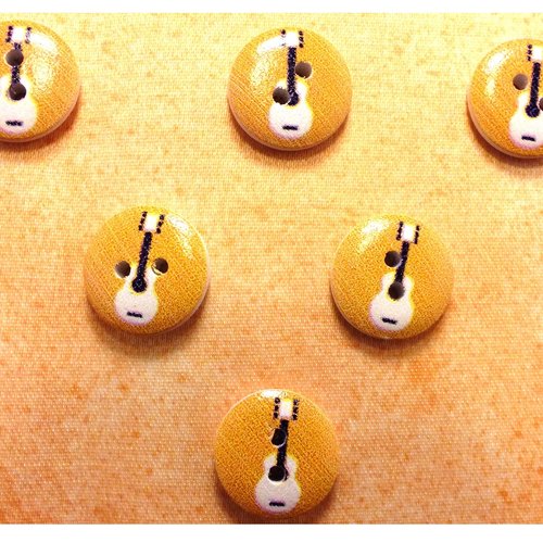 Lot 6 boutons bois : rond thème musique motif guitare 15mm (07)