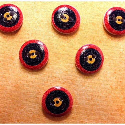 Lot 6 boutons bois : rond thème musique motif disque vinyle 15mm (06)