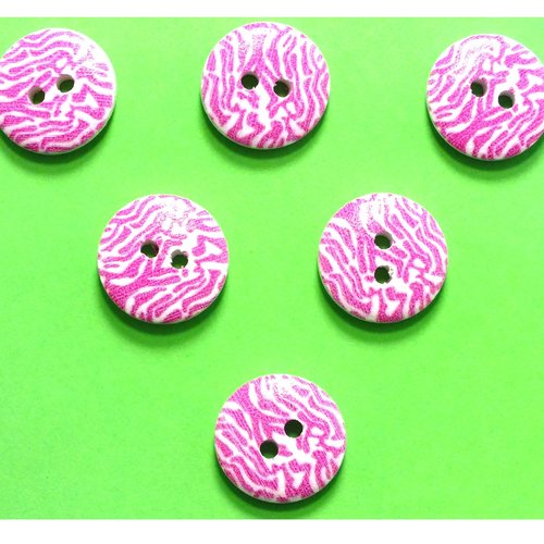 Lot 6 boutons bois : rond motif fantaisie 15mm (20)