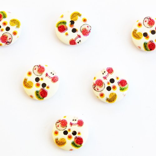 Lot 6 boutons bois : rond motif fantaisie 15mm (17)