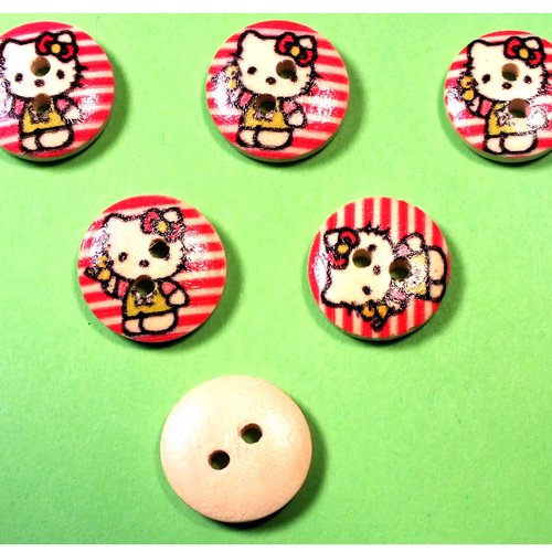 Lot 6 boutons bois : rond motif chat 15mm (04)