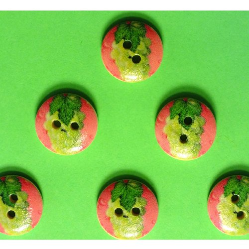 Lot 6 boutons bois : rond thème fruit motif raisin 15mm