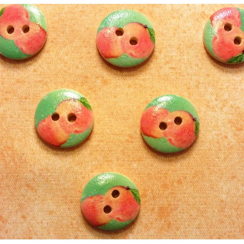 Lot 6 boutons bois : rond thème fruit motif abricot 15mm