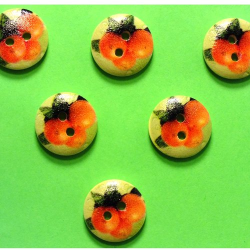 Lot 6 boutons bois : rond thème fruit motif clémentine 15mm