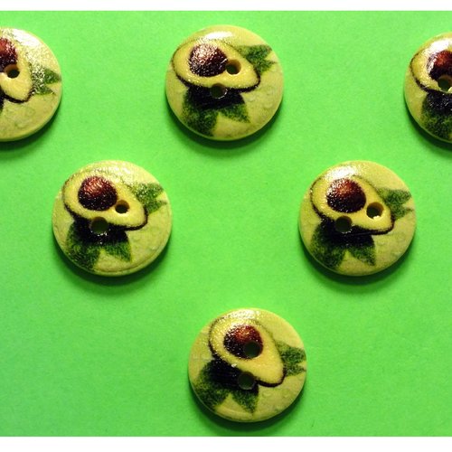 Lot 6 boutons bois : rond thème fruit motif avocat 15mm