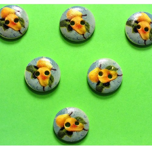 Lot 6 boutons bois : rond thème fruit motif poire 15mm