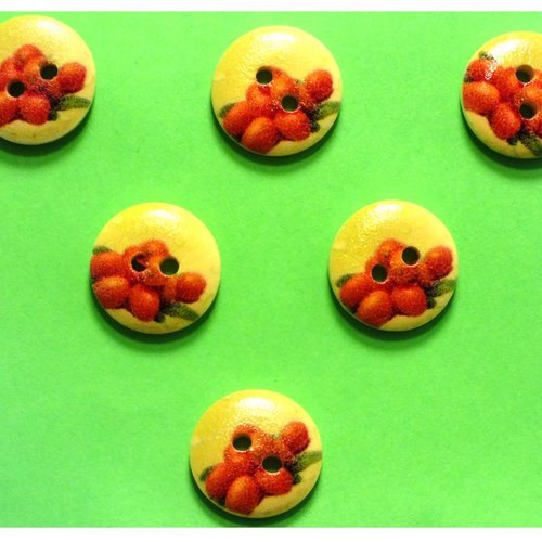 Lot 6 boutons bois : rond thème fruit motif litchi 15mm