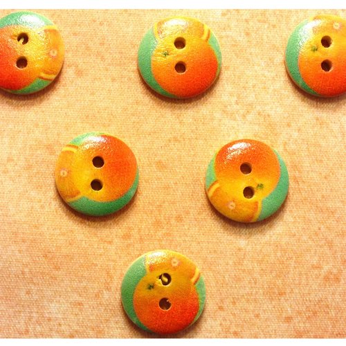 Lot 6 boutons bois : rond thème fruit motif orange 15mm