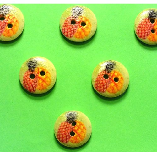 Lot 6 boutons bois : rond thème fruit motif ananas 15mm