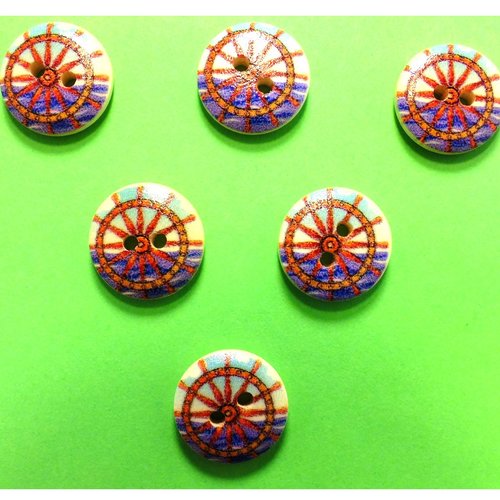 Lot 6 boutons bois : rond thème mer motif barre 15mm (39)