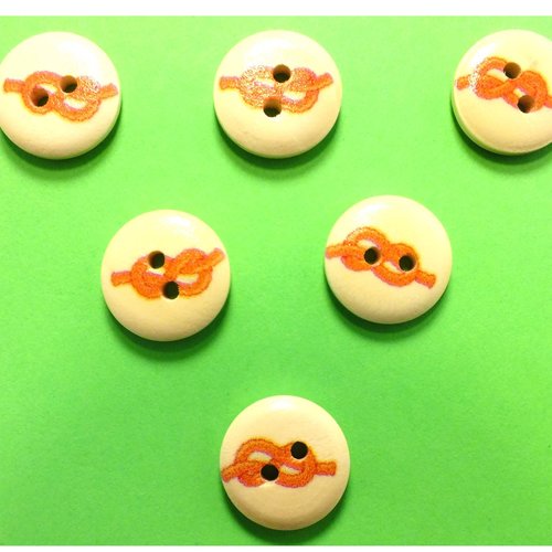 Lot 6 boutons bois : rond thème mer motif noeud 15mm (36)