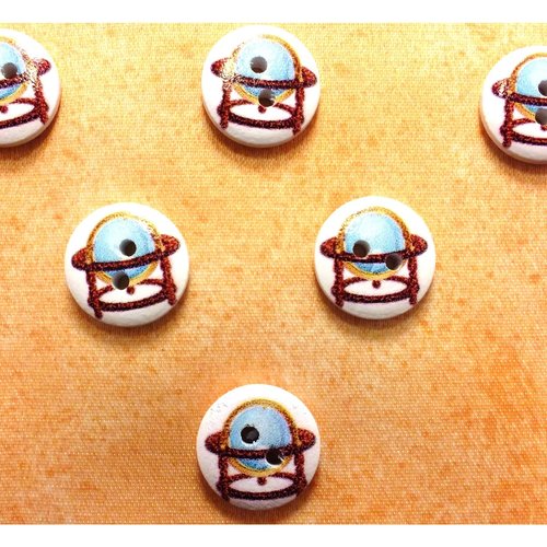 Lot 6 boutons bois : rond thème mer 15mm (14)