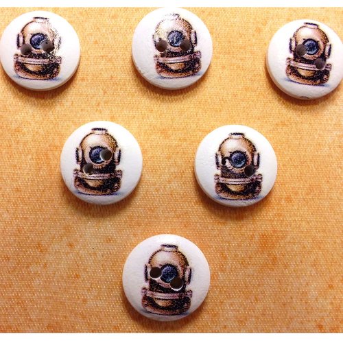 Lot 6 boutons bois : rond thème mer 15mm (09)
