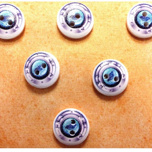 Lot 6 boutons bois : rond thème mer motif hublot 15mm (23)