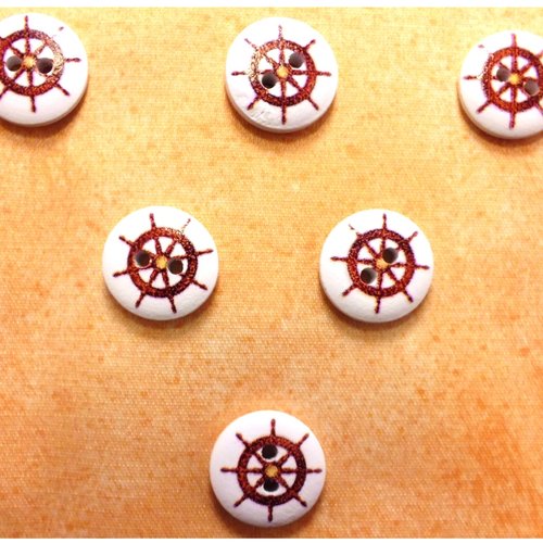 Lot 6 boutons bois : rond thème mer motif barre 15mm (30)