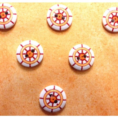 Lot 6 boutons bois : rond thème mer motif barre 15mm (29)