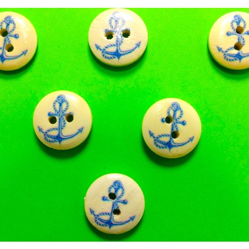 Lot 6 boutons bois : rond thème mer motif ancre 15mm (08)