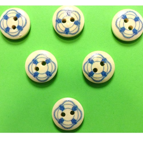 Lot 6 boutons bois : rond thème mer motif bouée 15mm (03)