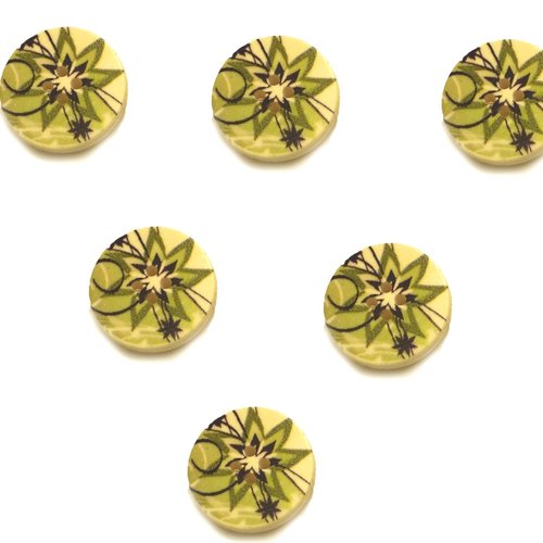 Lot 6 boutons bois : rond motif fleur 25mm (01)