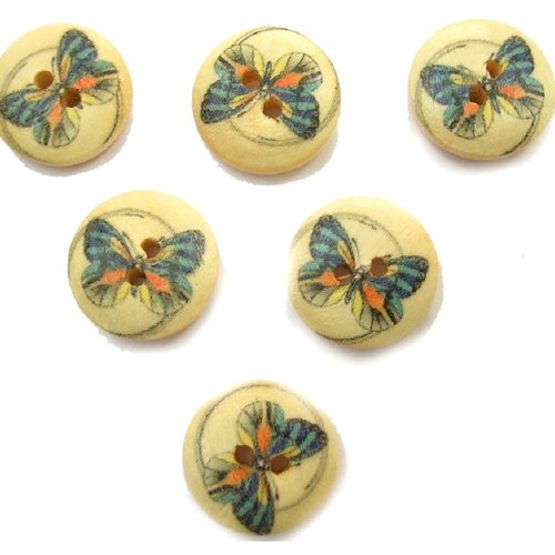 Lot 6 boutons bois : rond motif papillon 15mm (01)