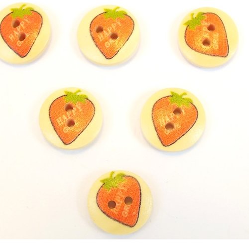 Lot 6 boutons bois : rond motif fraise 15mm (01)