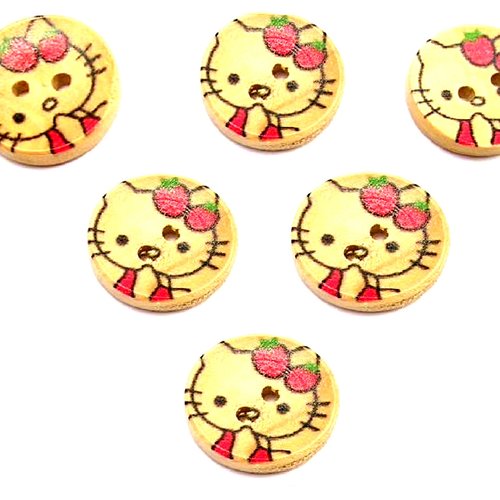 Lot 6 boutons bois : rond motif chat 15mm (17)