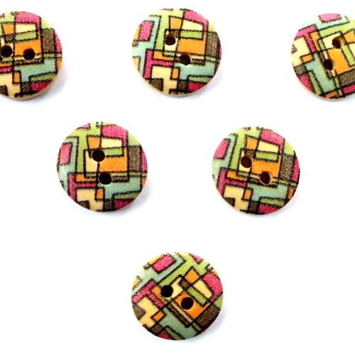 Lot 6 boutons bois : rond motif fantaisie 15mm (01)