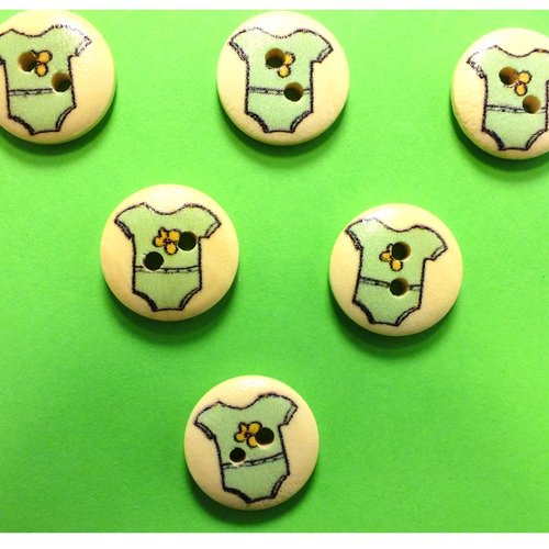 Lot 6 boutons bois : rond thème enfant motif  body 15mm (14)