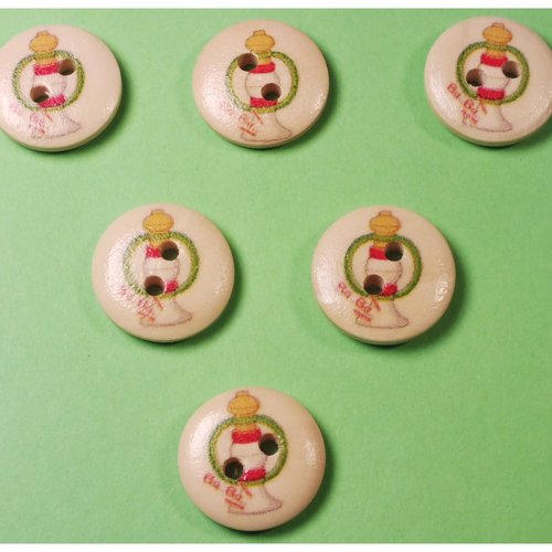 Lot 6 boutons bois : rond thème enfant motif jouet 15mm (03)