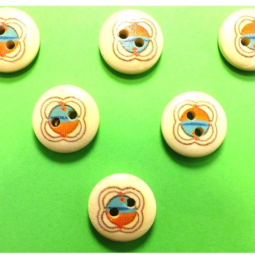 Lot 6 boutons bois : rond thème enfant motif  balle musicale 15mm (13)