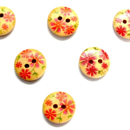 Lot 6 boutons bois : rond motif fleur 15mm (10)