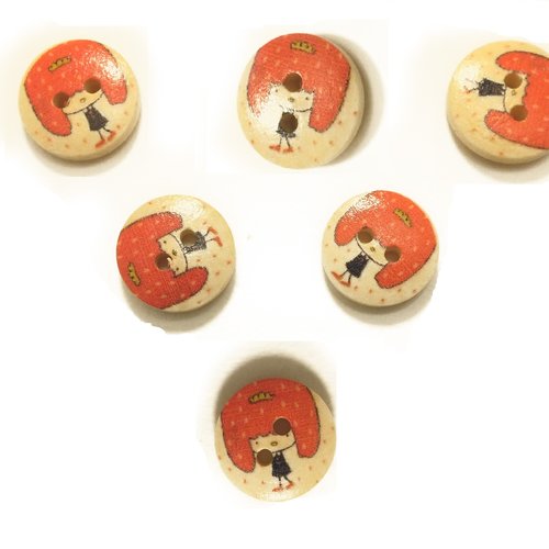 Lot 6 boutons bois : rond motif fille 15mm (01)