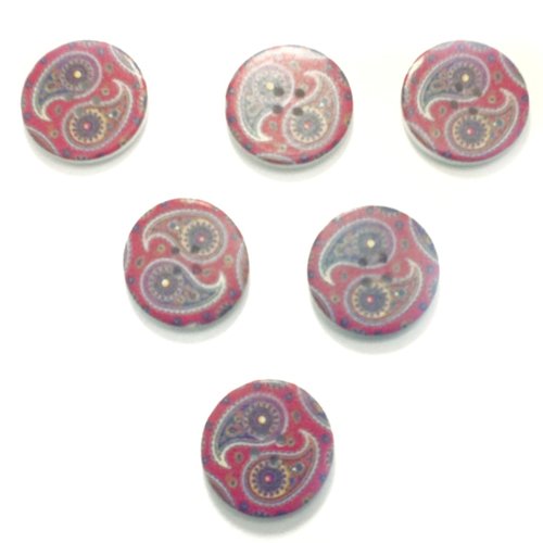 Lot 6 boutons bois : rond motif fantaisie 30mm (11)