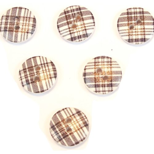 Lot 6 boutons bois : rond motif fantaisie 15mm (11)