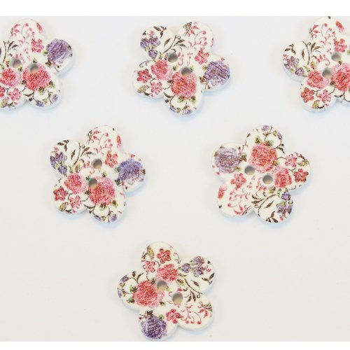 Lot 6 boutons bois : fleur motif fleur 17mm (10)