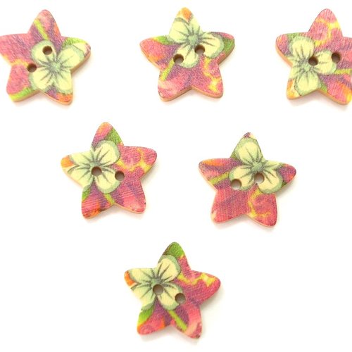 Lot 6 boutons bois : etoile motif fleur 17mm (04)