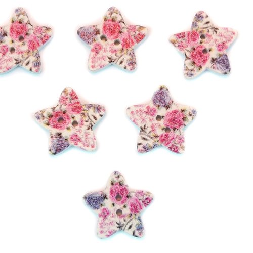 Lot 6 boutons bois : etoile motif fleur 17mm (10)
