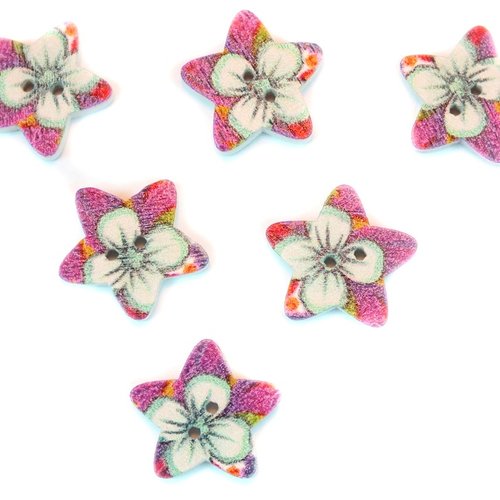Lot 6 boutons bois : etoile motif fleur 17mm (08)