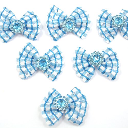 Lot 6 appliques tissus : noeud papillon bleu/blanc + fleur acrylique 4*3cm (10)